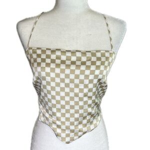 Gianni Bini tan & white checkered satin handkerchief top spaghetti straps Large